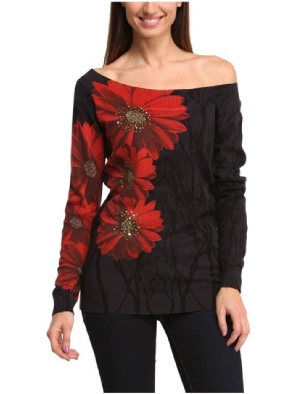 Desigual Red Floral Print Black Off The Shoulder Sweater Cotton Knit Large